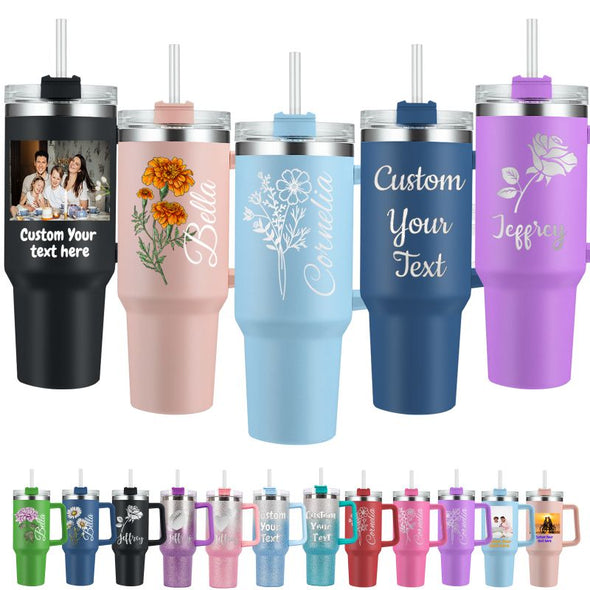 Personalized 40oz Tumbler with Handle and Straw, Custom Engraved Names/Flower Insulated Stainless Steel Travel Cup