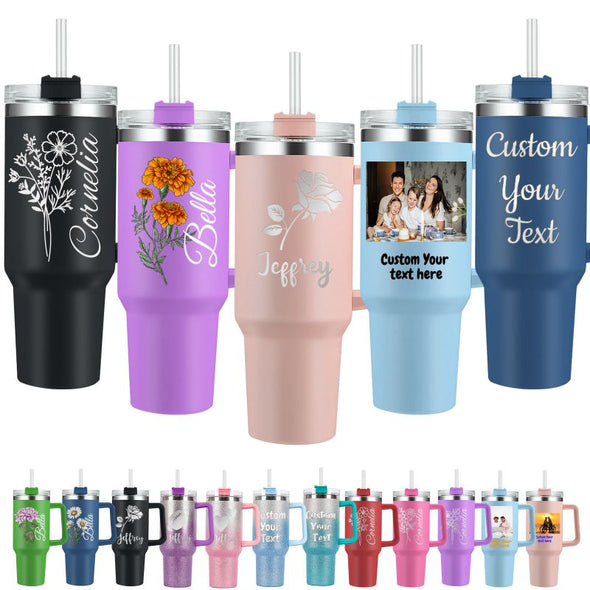 Personalized 40oz Tumbler with Handle and Straw, Custom Engraved Names/Logo Insulated Stainless Steel Travel Cup