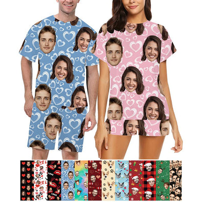 Personalized Pajamas with Face Photo Pet Pictures Custom Short Sleeves Pjs for Women Men Christmas Gift