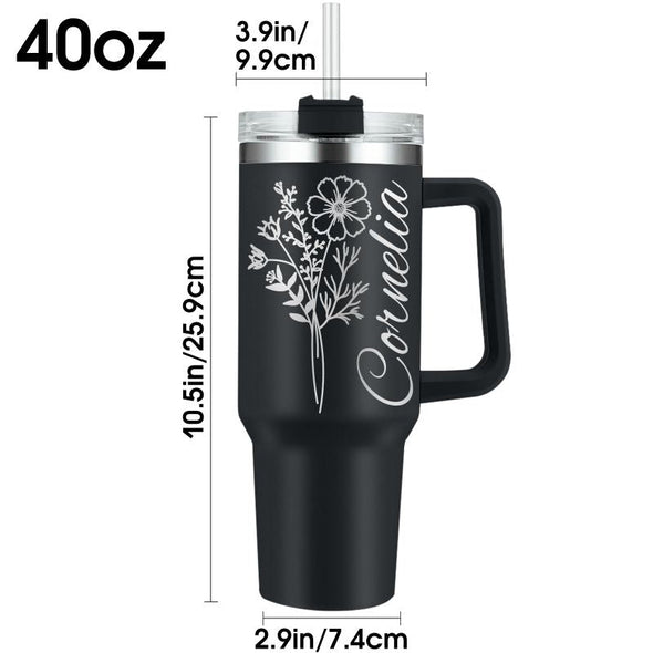 Personalized 40oz Tumbler with Handle and Straw, Custom Engraved Names/Flower Insulated Stainless Steel Travel Cup