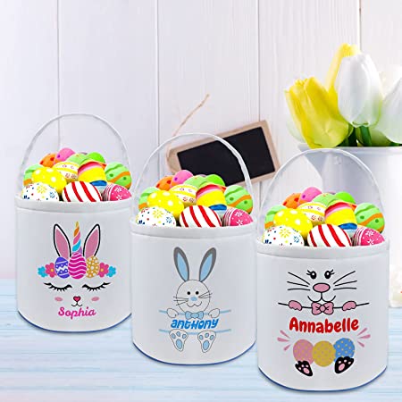 Personalized Easter Basket with Name for Kids Custom Canvas Easter Buny Tote Gift Bags for Baby Boys Girls